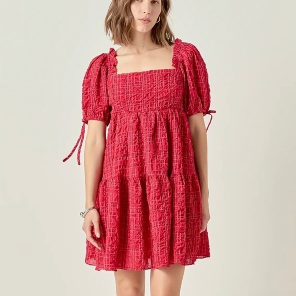 English Factory Crinkled Gingham Flounce Dress Size 1X Red Puff Sleeve Tiered